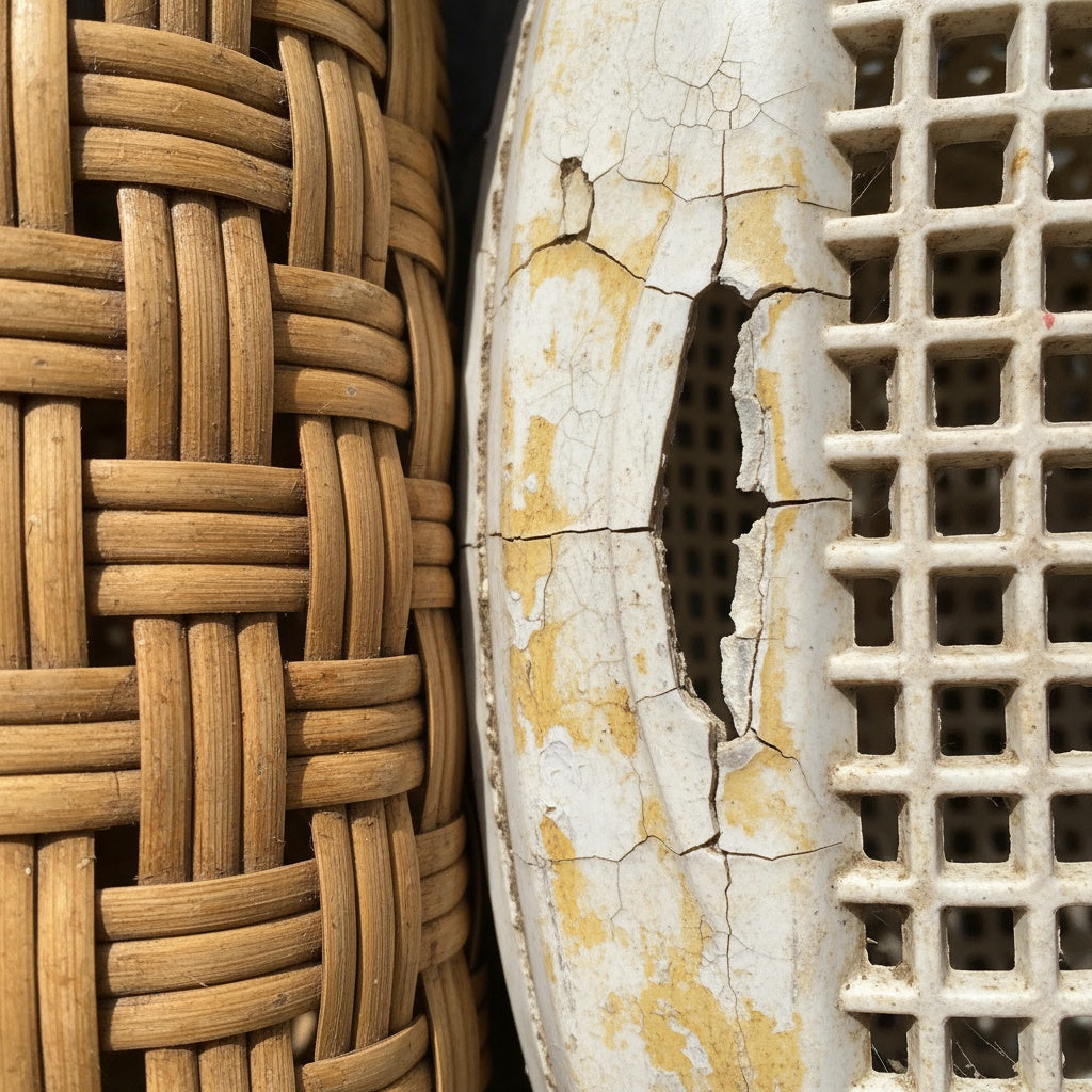 Side-by-side comparison of worn plastic storage baskets vs pristine bamboo baskets showing durability difference and cost analysis for 10-year storage investment