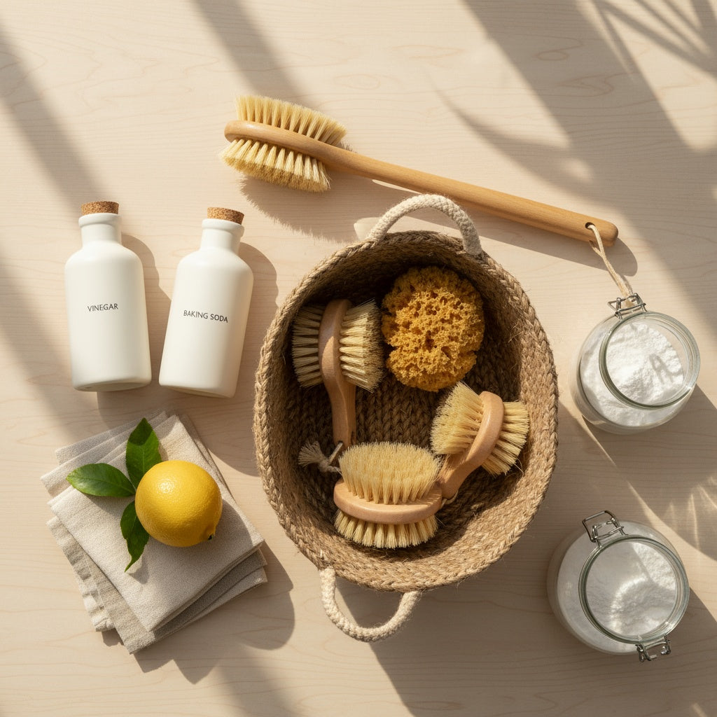 DIY natural home cleaning setup with eco-friendly tools including glass bottles, white vinegar, baking soda, fresh lemons, bamboo brushes, natural sponges, microfiber cloths, rattan basket, and jute bag on wooden shelf organizer