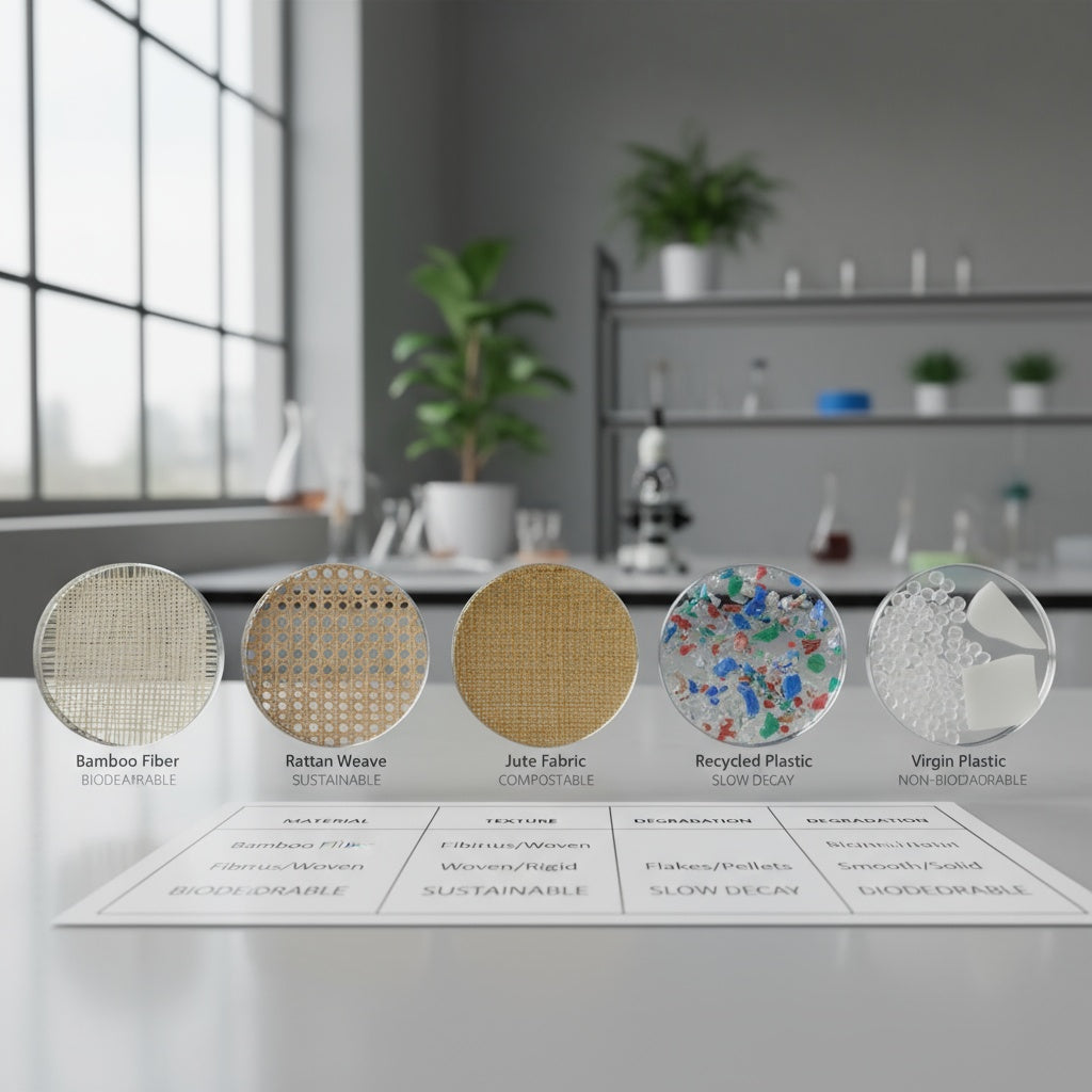 Scientific comparison showing bamboo, rattan, and jute natural materials versus plastic waste pollution with microscopic fiber structure and durability testing equipment