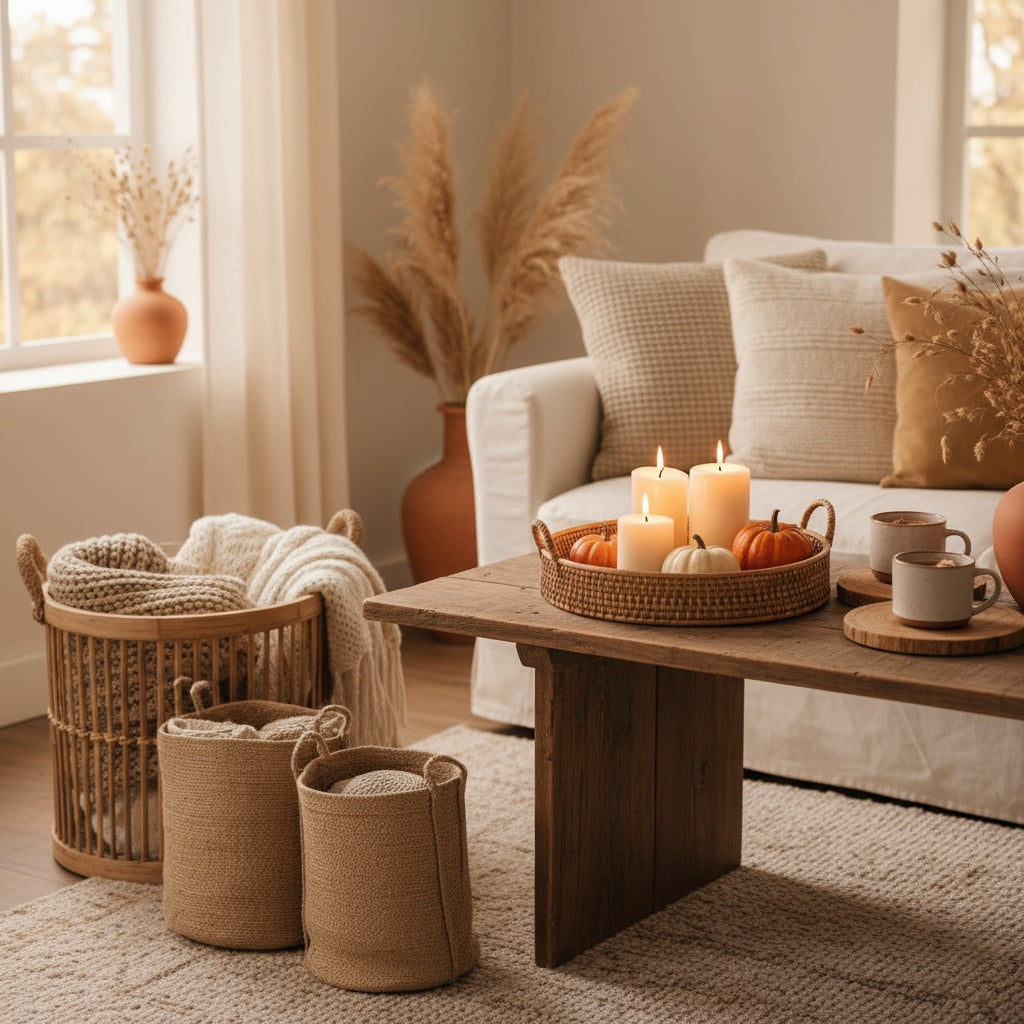 Cozy fall home decor with natural bamboo baskets, rattan tray centerpiece with candles and pinecones, jute rug, warm autumn lighting in rustic living room setting