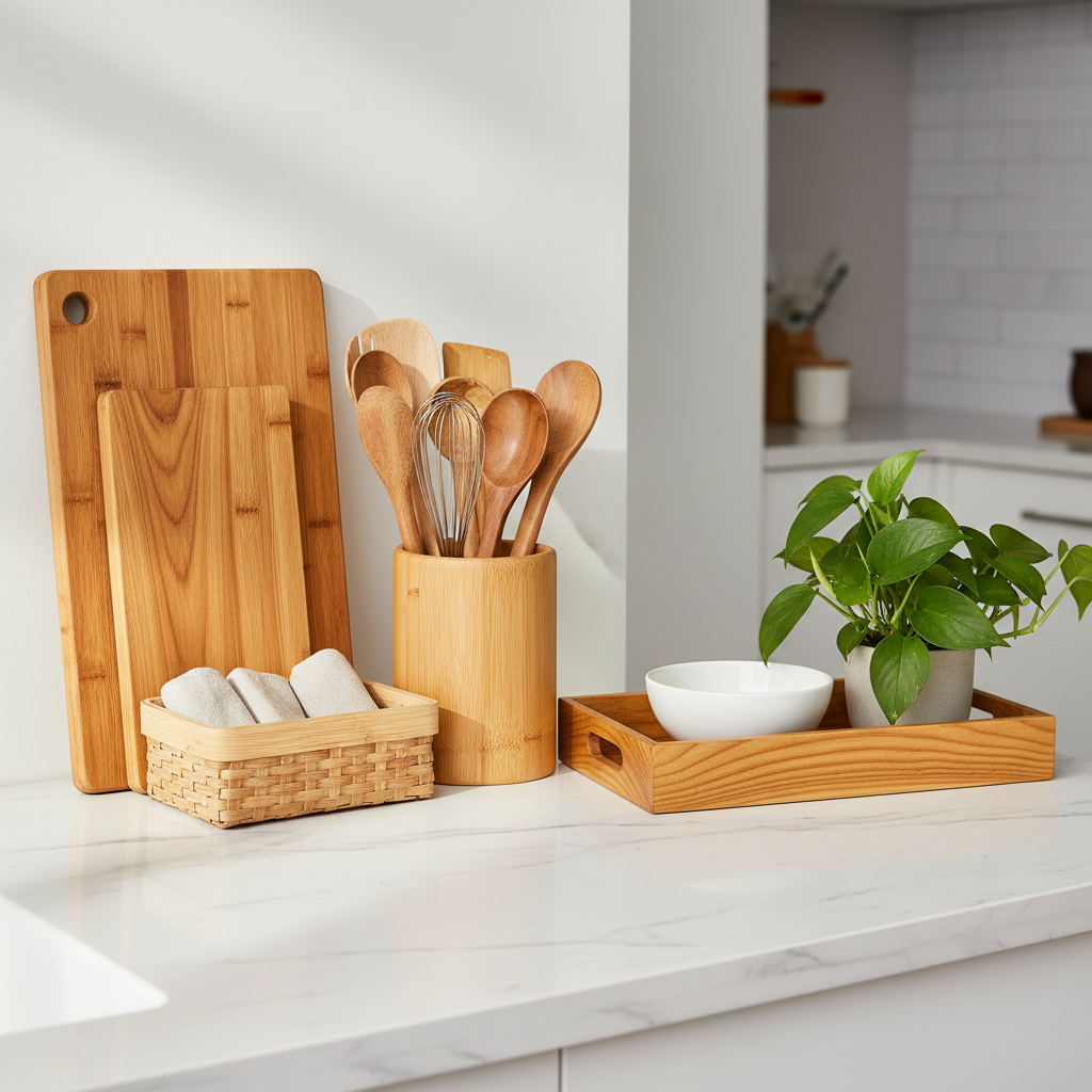 Modern bamboo home products including cutting board, utensil holder, and storage basket arranged on white marble countertop with natural lighting - sustainable kitchen organization essentials