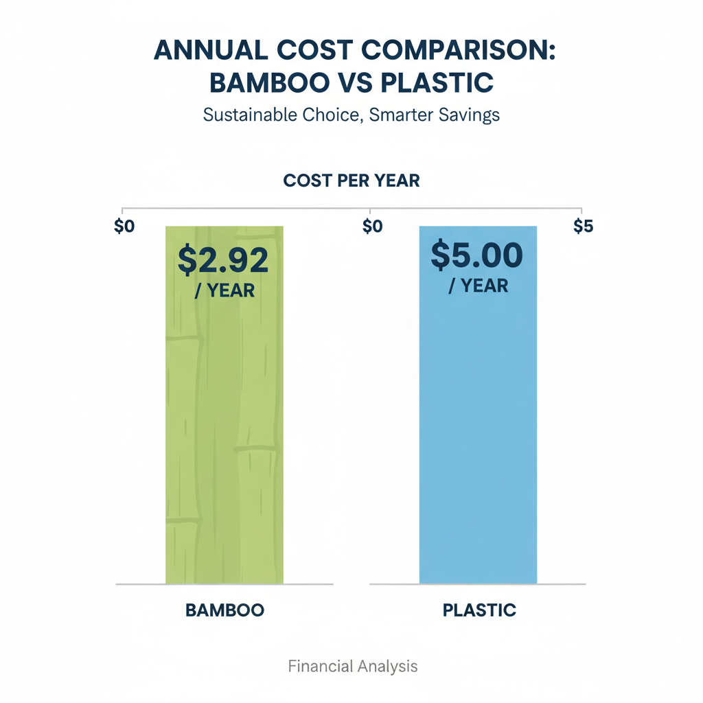 Bar chart comparing cost per year: bamboo $2.92/year vs plastic $5/year over 10-year lifespan