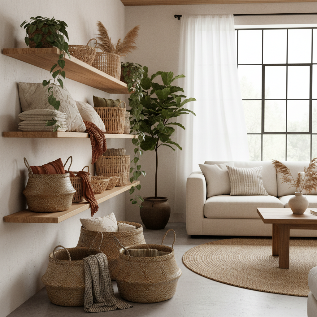 Beautiful living room styled with multiple handwoven rattan baskets of various sizes arranged on wooden shelves and floor, containing throw pillows, blankets, and plants with natural lighting
