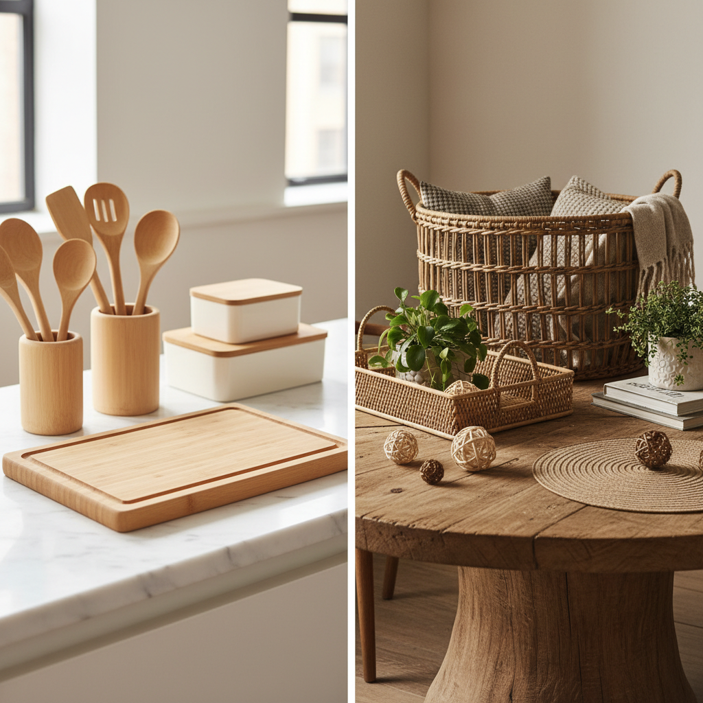 Split-screen comparison of bamboo and rattan home products showing smooth bamboo cutting boards and utensils on left versus woven rattan baskets and trays on right in modern home setting