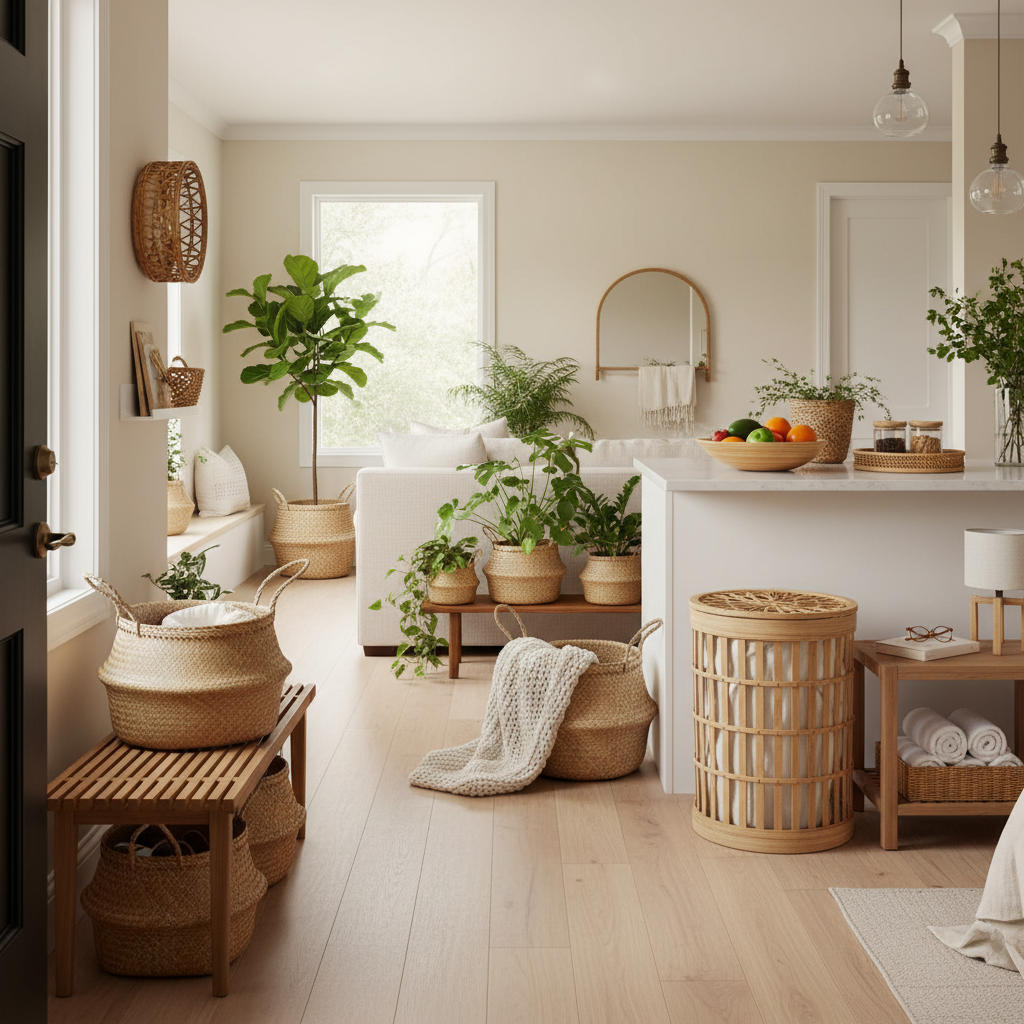 Multi-room home interior showcasing bamboo basket storage solutions in entryway, living room, kitchen, bedroom, and bathroom with warm honey tones and minimalist styling