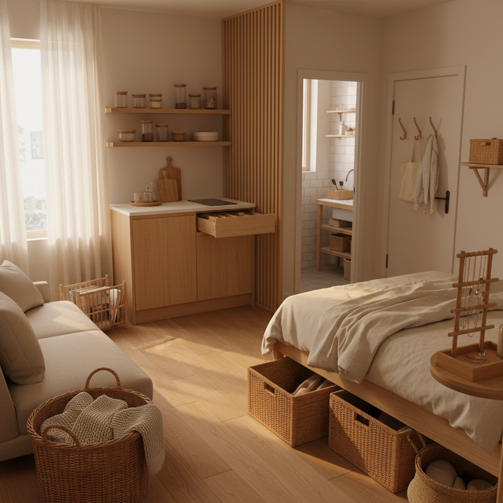 Small studio apartment fully organized with bamboo and rattan storage solutions in kitchen, living room, bedroom, bathroom, and entryway showing space-efficient layout and minimalist design