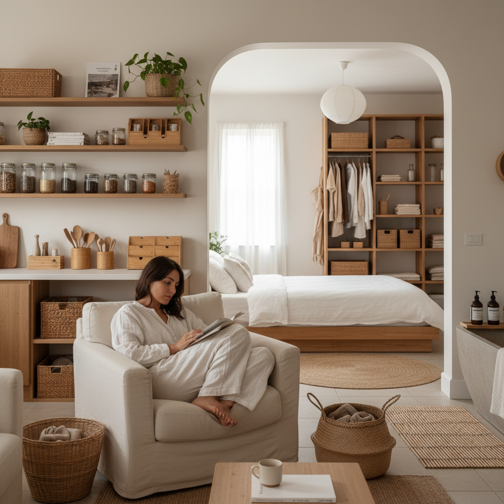 Peaceful home interior showcasing intentional living with organized natural materials storage, minimal clutter, warm lighting, and calm aesthetic across multiple rooms