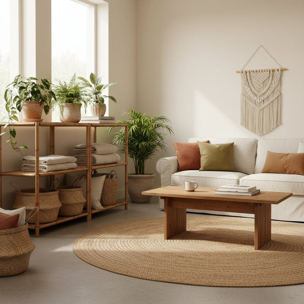 Cozy sustainable home interior featuring bamboo shelves, rattan storage baskets, jute rug, and natural plants in warm minimalist aesthetic