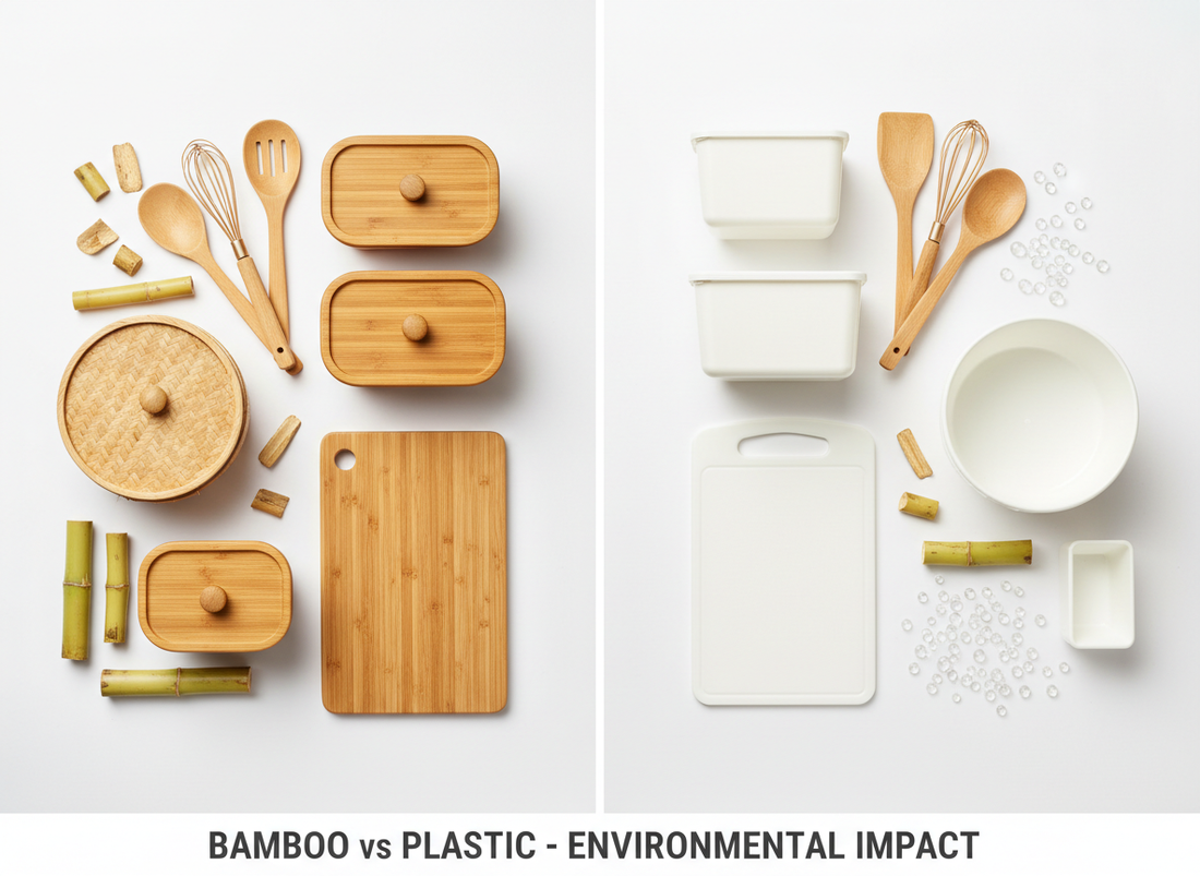 Professional product comparison showing bamboo and plastic items side by side on white background with raw materials and environmental impact labels