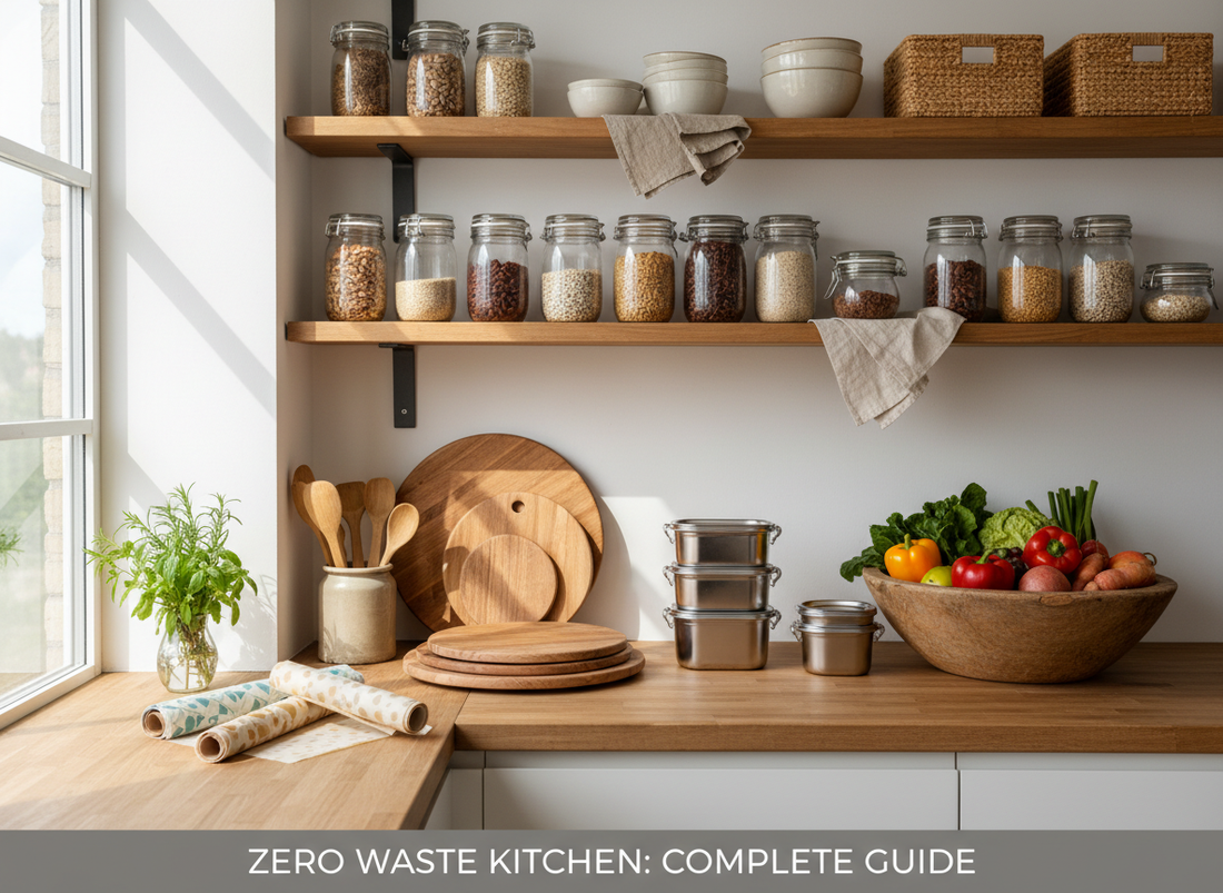 Modern zero-waste kitchen with bamboo utensils, glass containers, cloth napkins, jute storage baskets, wooden cutting boards, and natural materials