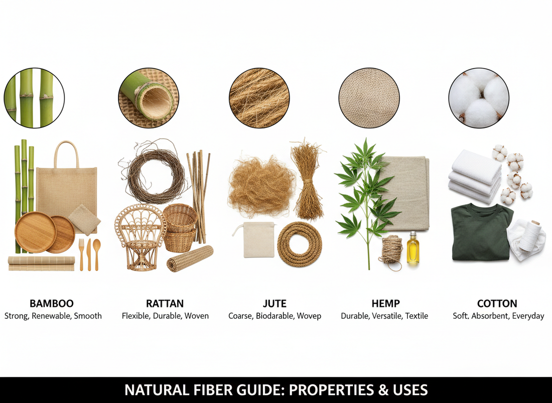 Natural fiber materials comparison showing bamboo, rattan, jute, hemp, and cotton raw materials with finished products on white background