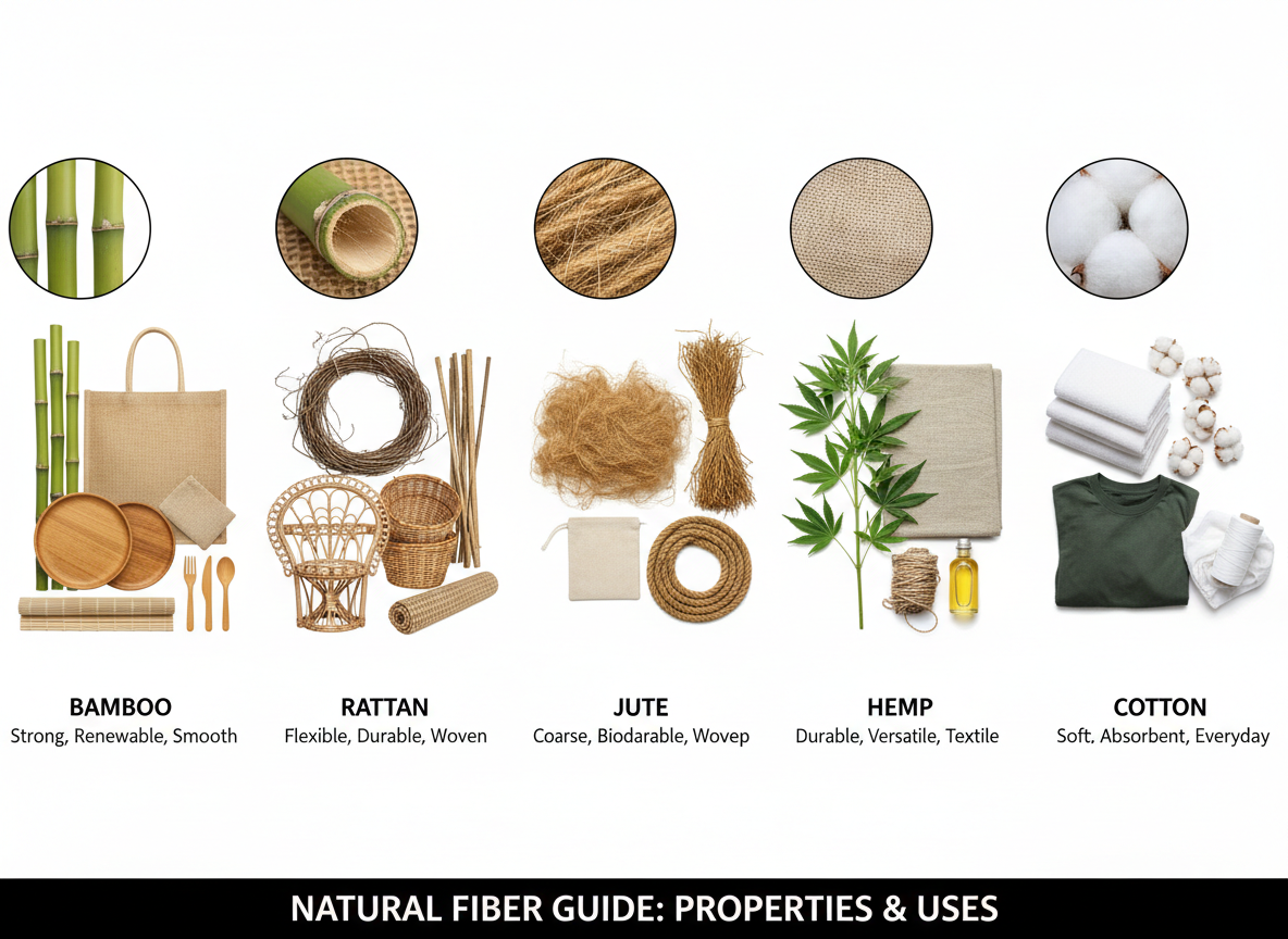 Natural fiber materials comparison showing bamboo, rattan, jute, hemp, and cotton raw materials with finished products on white background