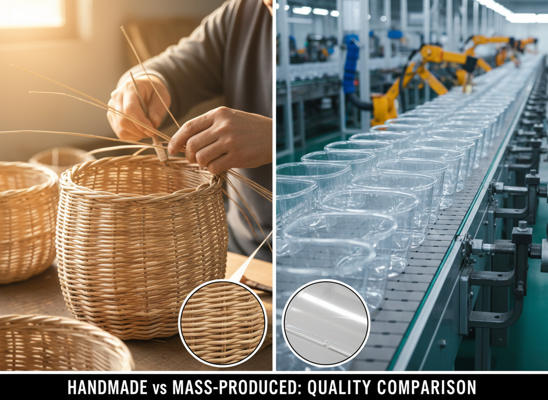Split-screen comparison showing handmade artisan rattan basket with visible craftsmanship on left versus mass-produced factory items on right