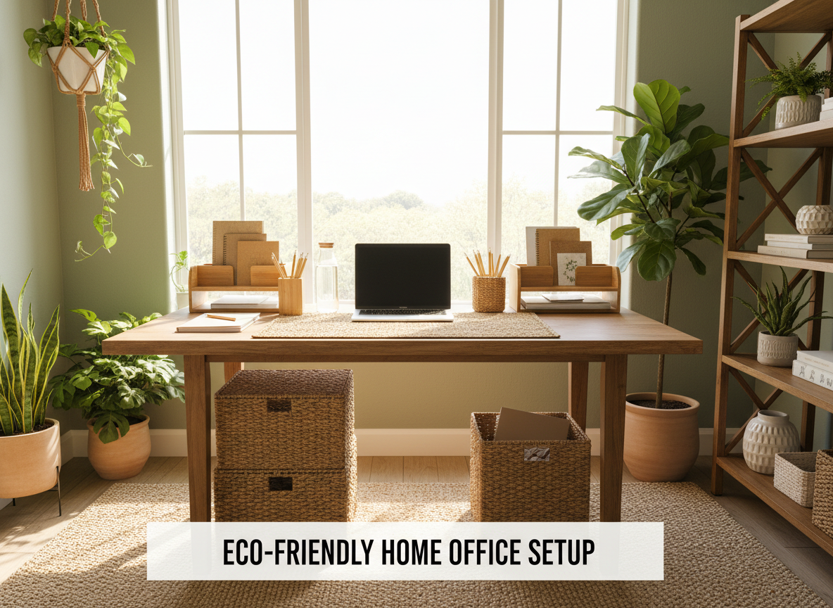 Modern eco-friendly home office with bamboo organizers, rattan storage baskets, natural wood furniture, plants, and natural lighting