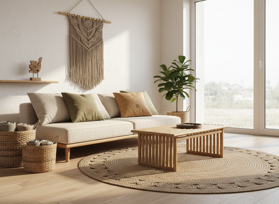 Modern living room featuring bamboo coffee table, rattan baskets, jute rug, and hemp cushions in a bright, minimalist, eco-friendly style.
