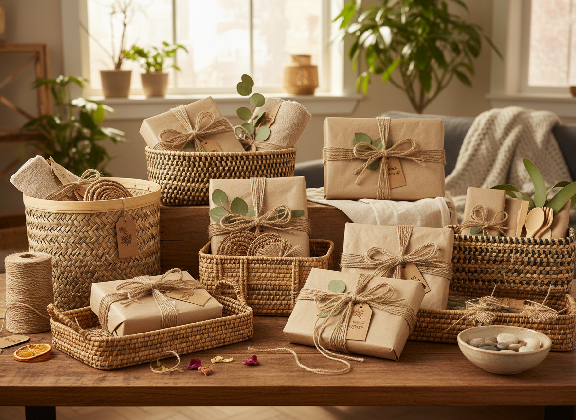 Gift setup with beautifully wrapped bamboo, rattan, jute, and hemp products—baskets, trays, and totes—on a table, ready for gifting. Eco-friendly packaging, warm natural light.