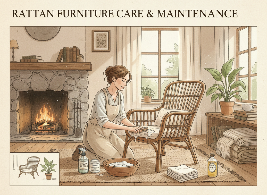 Rattan furniture care demonstration showing cleaning rattan chair with natural products and maintenance techniques
