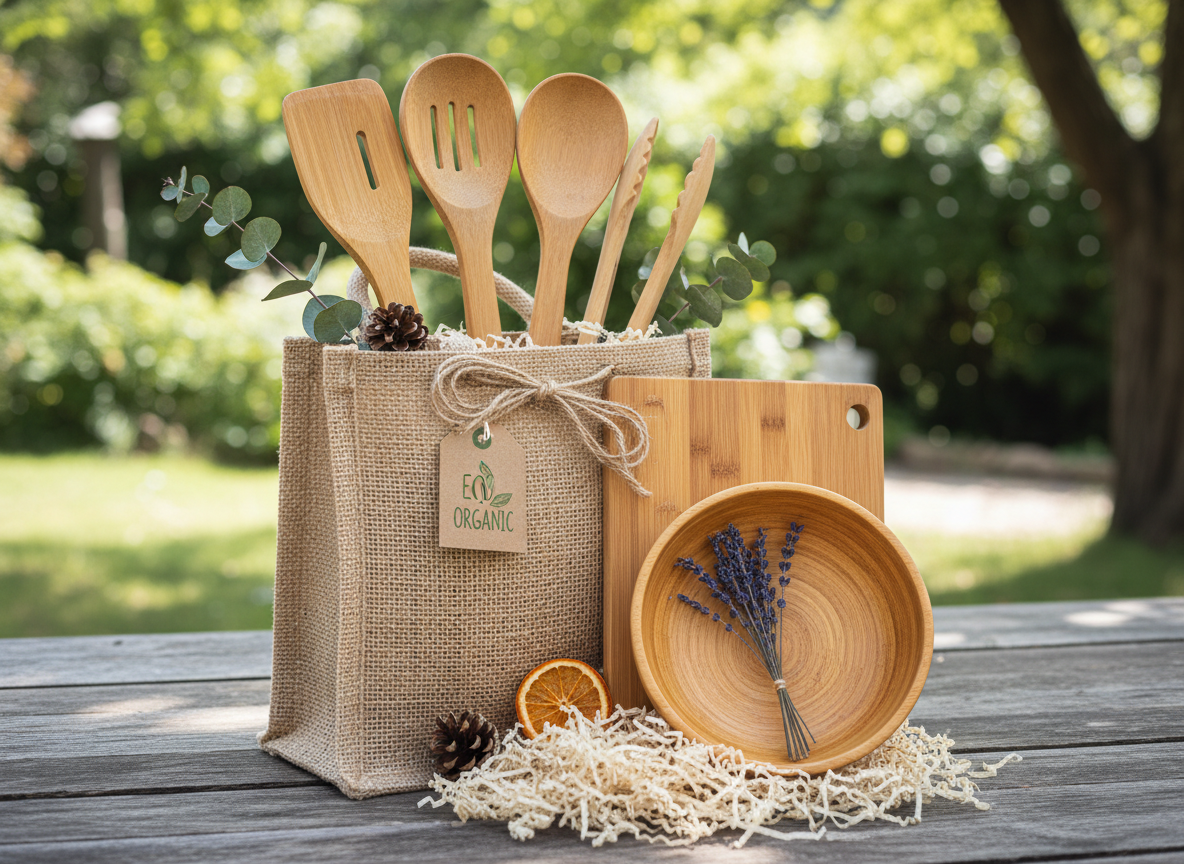 Sustainable eco-friendly gift ideas featuring beautifully wrapped bamboo and rattan products with natural packaging