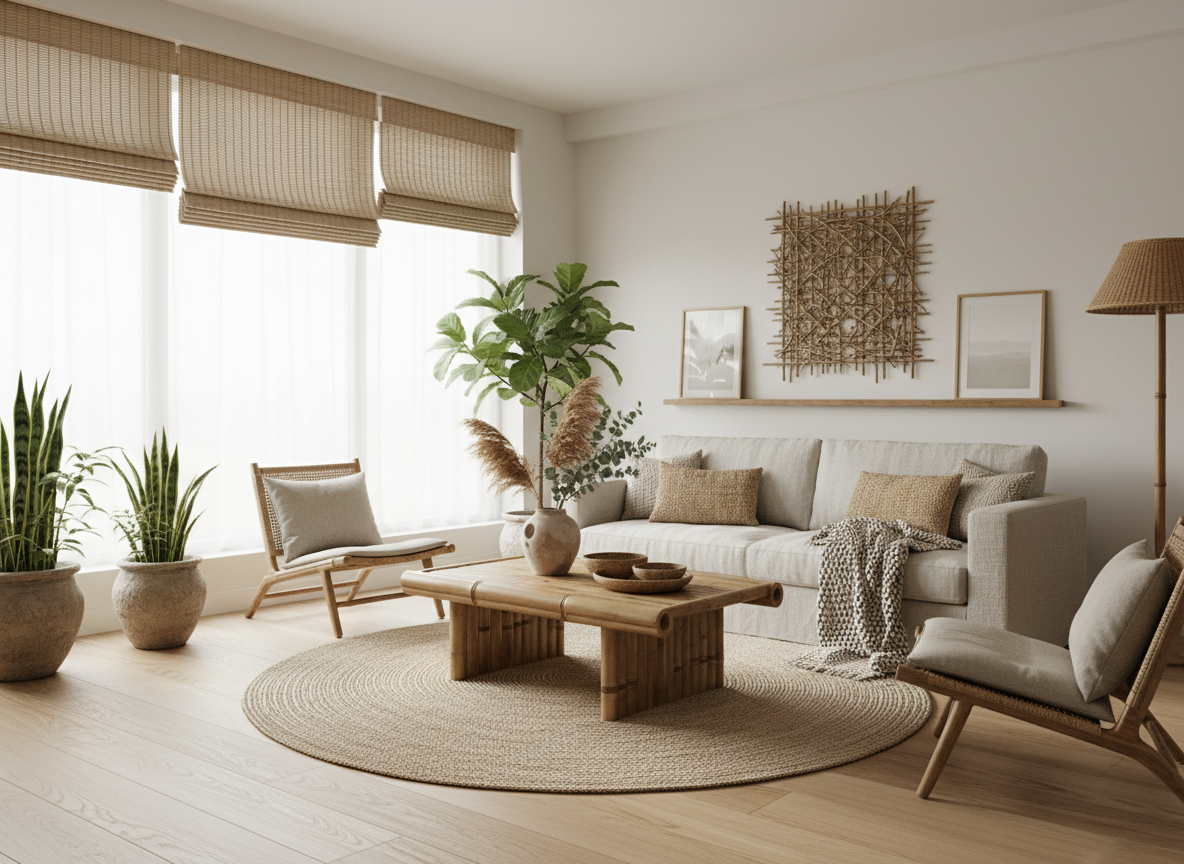 Modern home interior styled with natural materials including bamboo, rattan, and jute in minimalist aesthetic