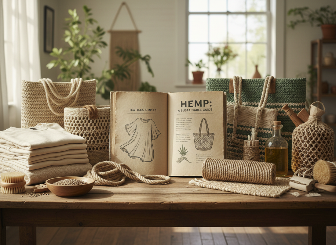 Hemp products collection showing natural hemp textiles, bags, and sustainable fiber materials