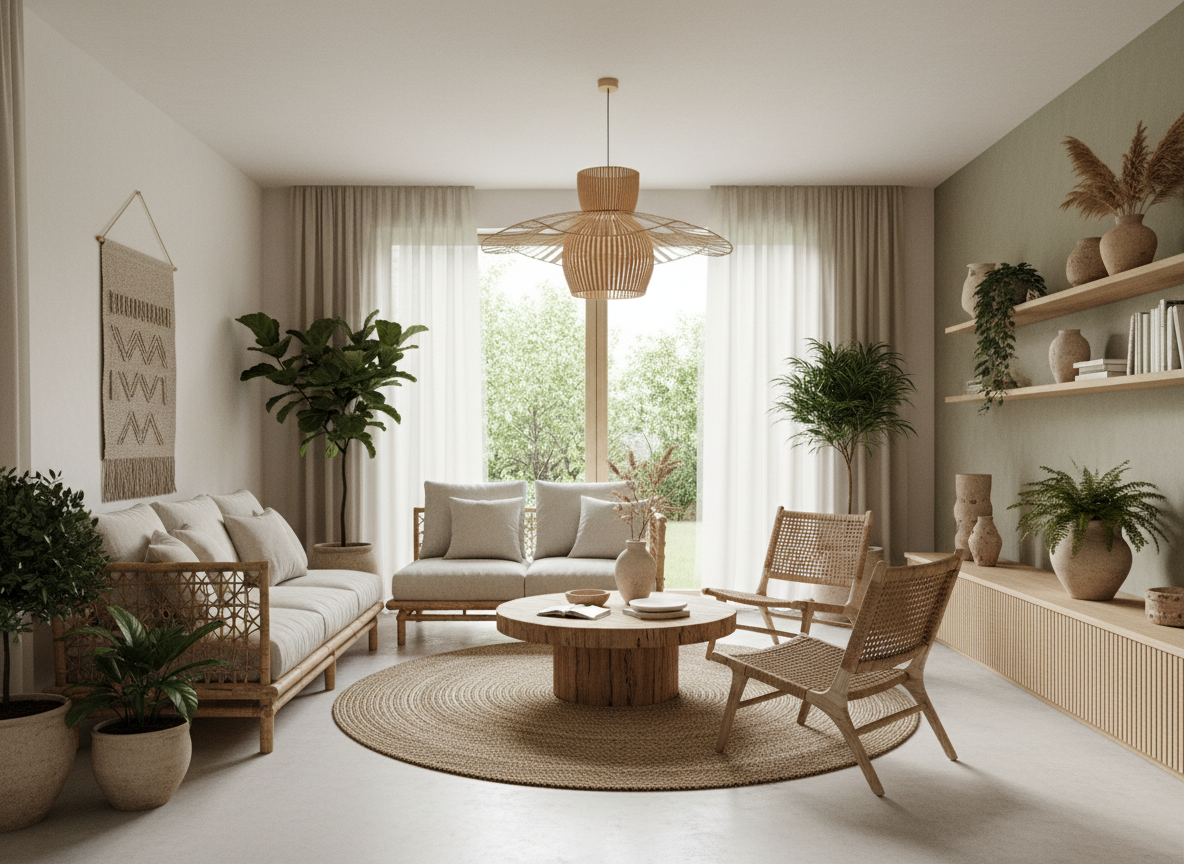 Modern 2026 home interior featuring natural materials, sustainable design, and minimalist aesthetic with bamboo and rattan