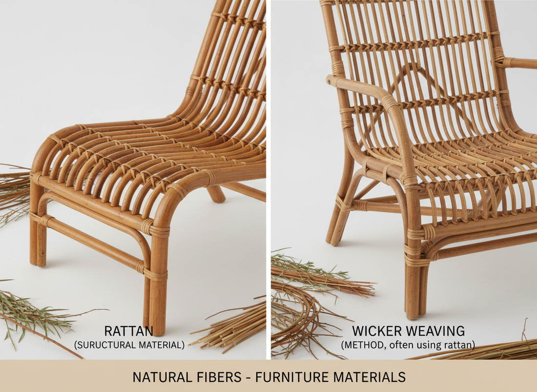 Rattan and wicker weaving comparison showing different natural fiber weaving techniques and materials