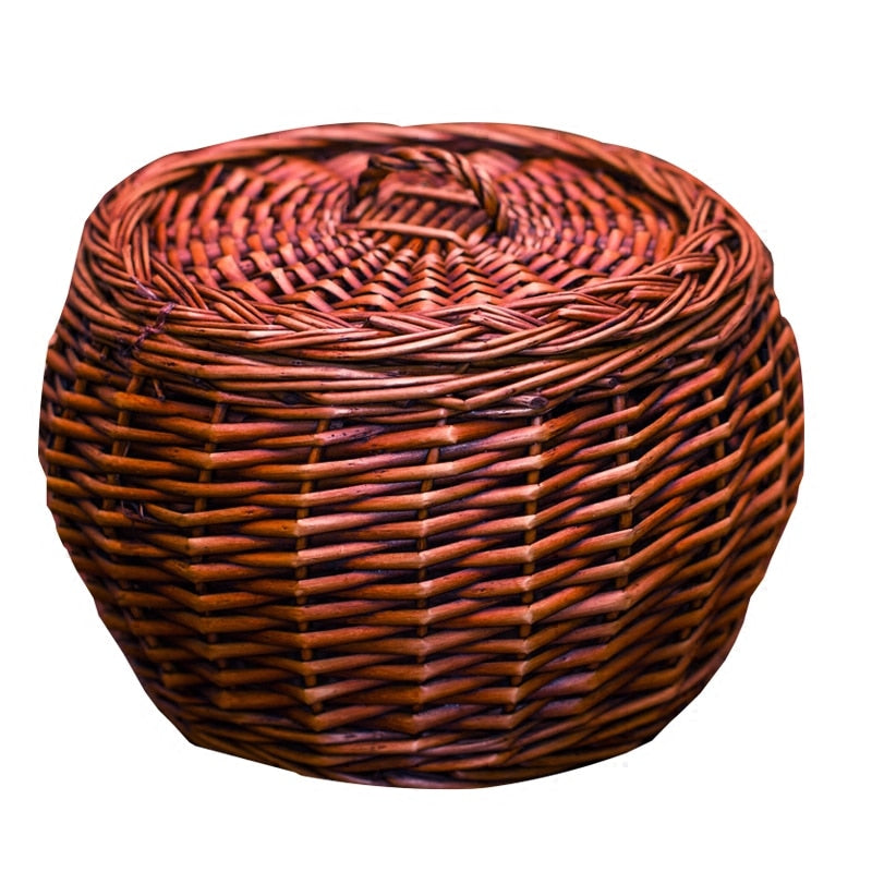 Antique Style Rattan Storage Basket - Lidded Kitchen Egg & Snack Container (21x19x28cm)