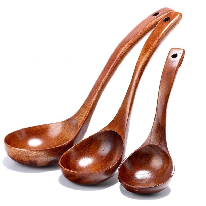 Long Handle Soup Spoons - Natural Wood Kitchen Utensils for Cooking & Serving
