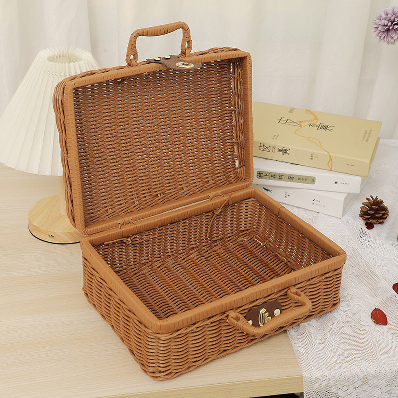 Rubber Rattan Woven Picnic Box - Multi-Purpose Storage for Luggage, Photography Props & Organization