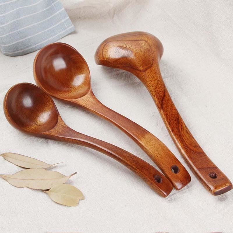 Long Handle Soup Spoons - Natural Wood Kitchen Utensils for Cooking & Serving
