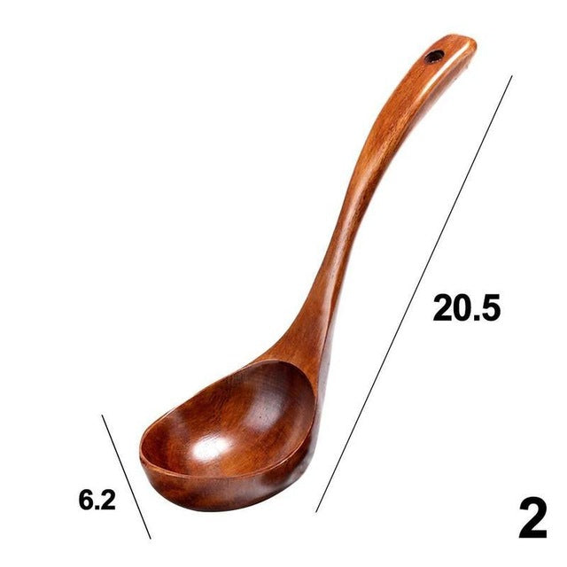 Long Handle Soup Spoons - Natural Wood Kitchen Utensils for Cooking & Serving
