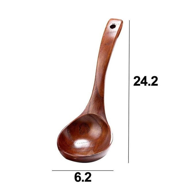Long Handle Soup Spoons - Natural Wood Kitchen Utensils for Cooking & Serving