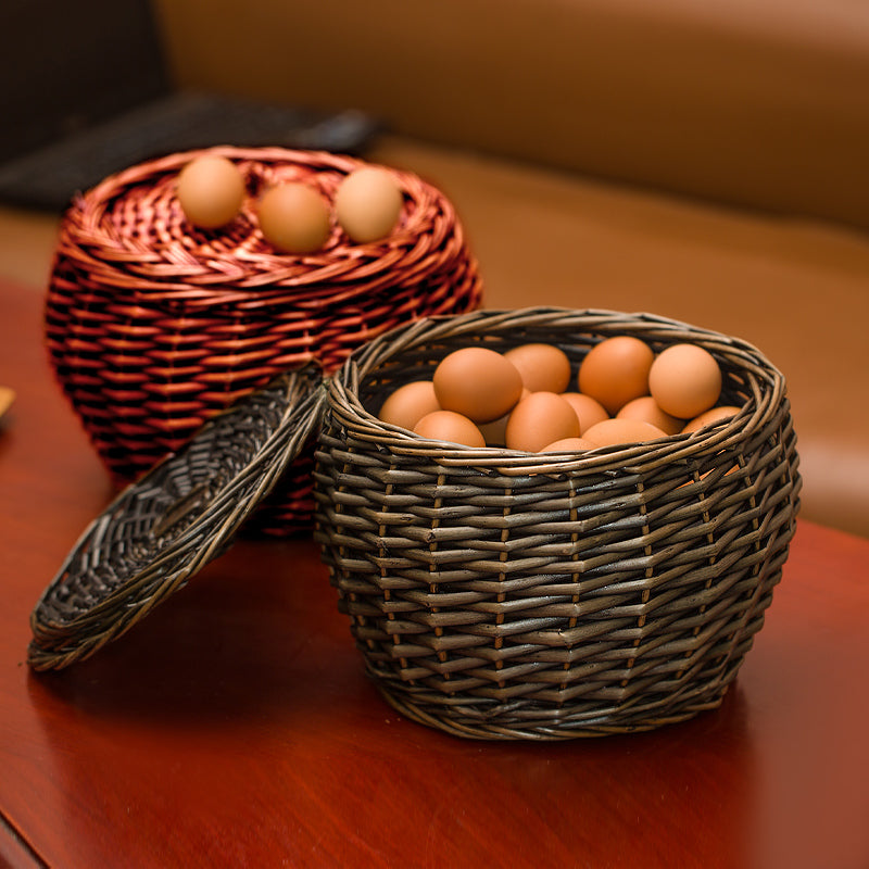Antique Style Rattan Storage Basket - Lidded Kitchen Egg & Snack Container (21x19x28cm)