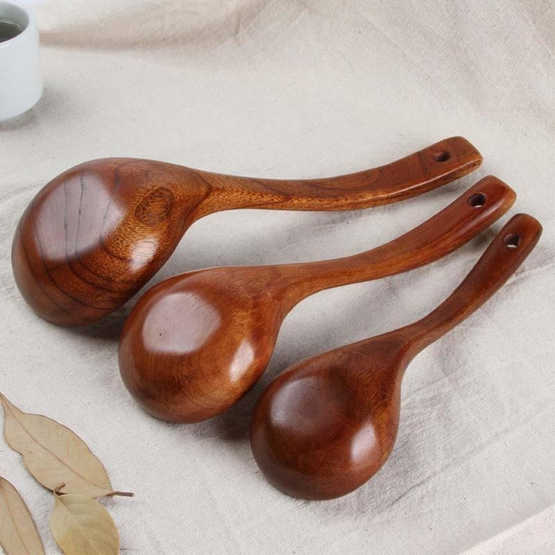 Long Handle Soup Spoons - Natural Wood Kitchen Utensils for Cooking & Serving