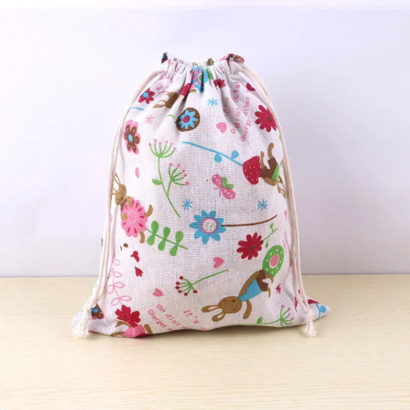Cute Animal Print Drawstring Storage Bag - Cotton Linen Pouch for Kids, Makeup & Travel Organization