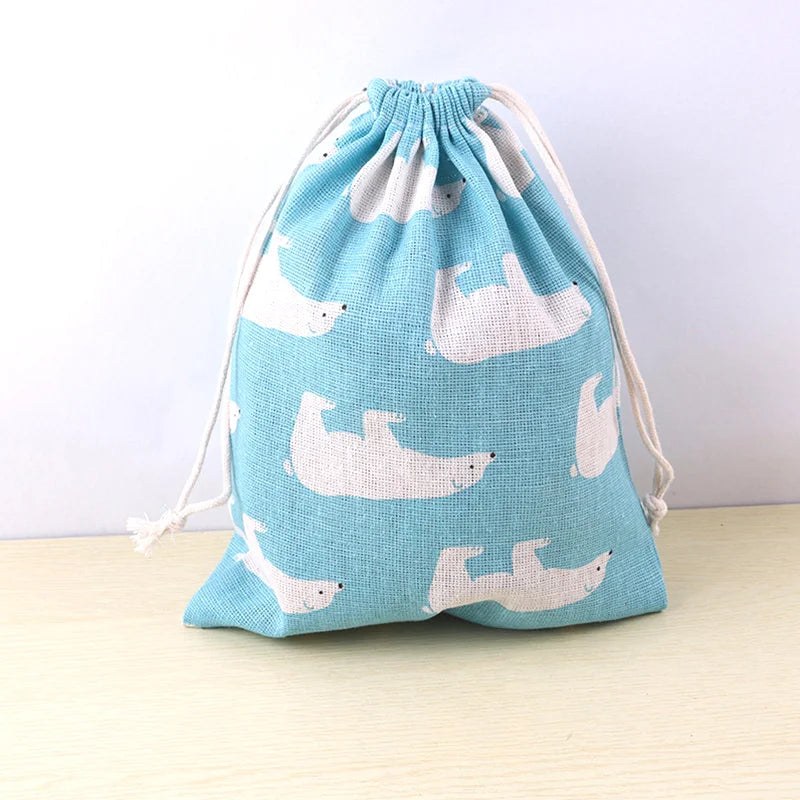 Cute Animal Print Drawstring Storage Bag - Cotton Linen Pouch for Kids, Makeup & Travel Organization