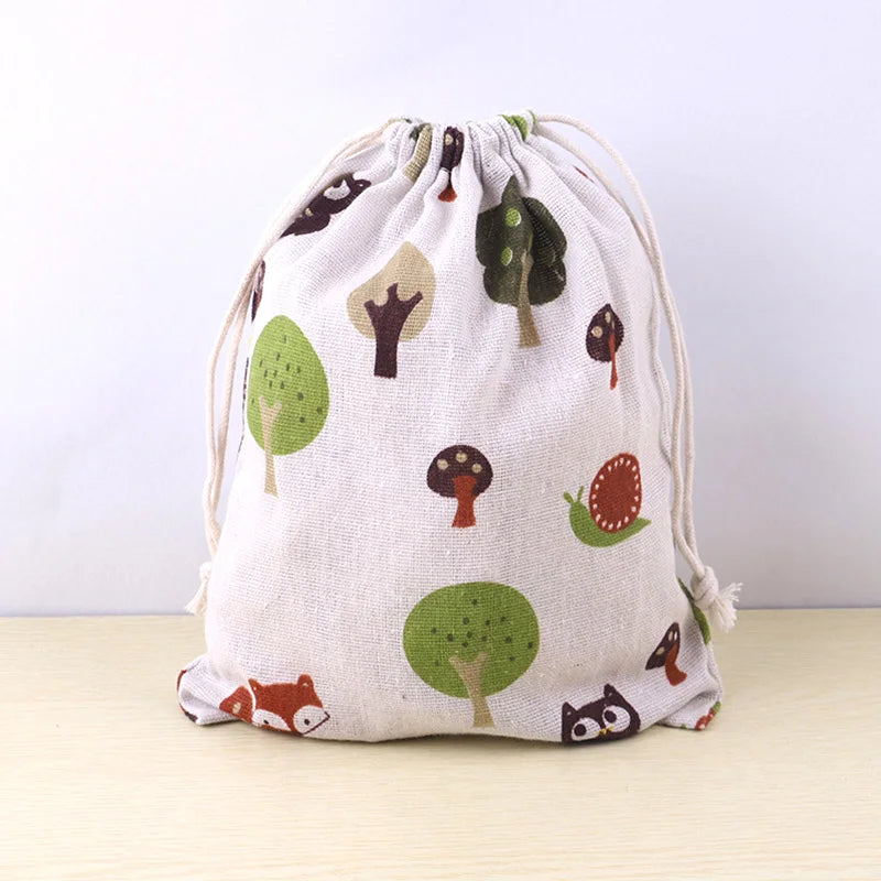 Cute Animal Print Drawstring Storage Bag - Cotton Linen Pouch for Kids, Makeup & Travel Organization