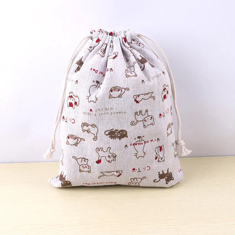 Cute Animal Print Drawstring Storage Bag - Cotton Linen Pouch for Kids, Makeup & Travel Organization