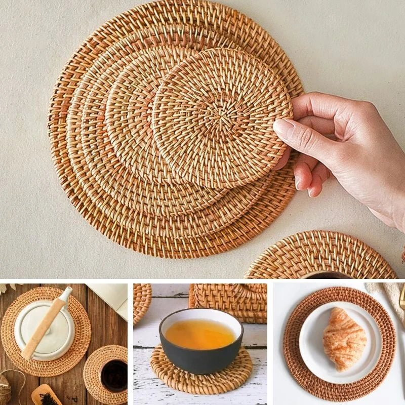 Cup Mat Round Natural Rattan Hot Pad - Hand Woven Heat Insulation Placemats for Kitchen Decoration