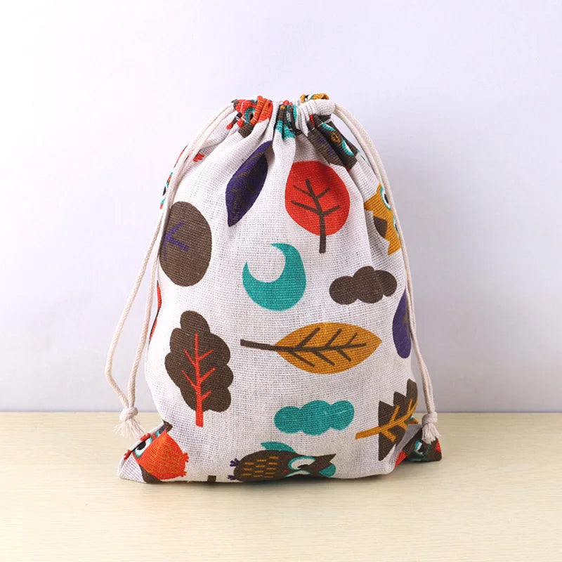 Cute Animal Print Drawstring Storage Bag - Cotton Linen Pouch for Kids, Makeup & Travel Organization