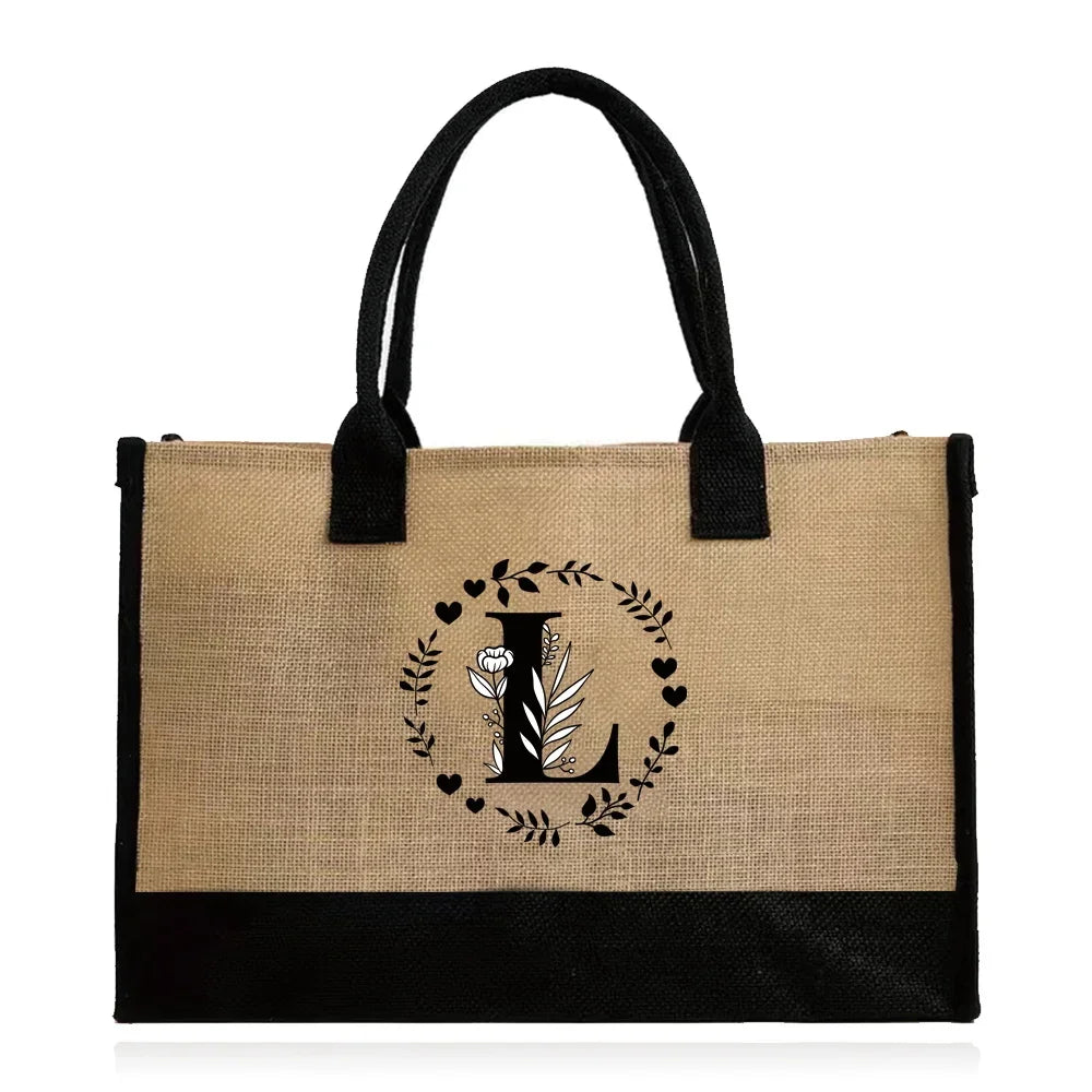 Shopping Bag Burlap Tote Bag - Lightweight Large Capacity Women's Grocery Organizer with Garland Letter Pattern