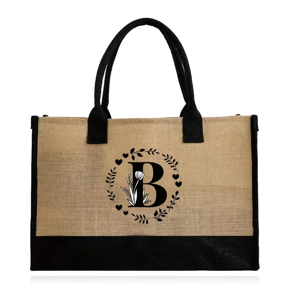 Shopping Bag Burlap Tote Bag - Lightweight Large Capacity Women's Grocery Organizer with Garland Letter Pattern