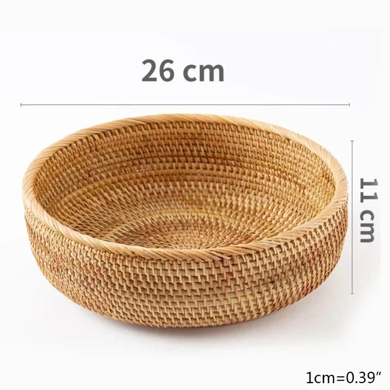 Handwoven Rattan Storage Basket - Wicker Bread Fruit Breakfast Tea Picnic Kitchen Storage Tray