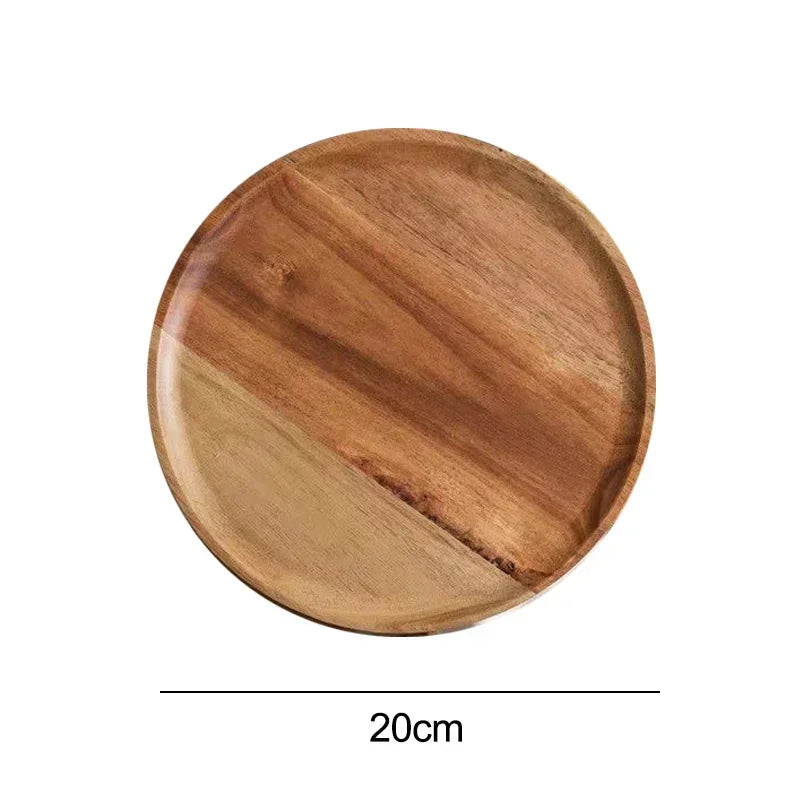 Solid Wood Round Plate - Simple Japanese Style Design Decorative Serving Tray Large Capacity Food Dish