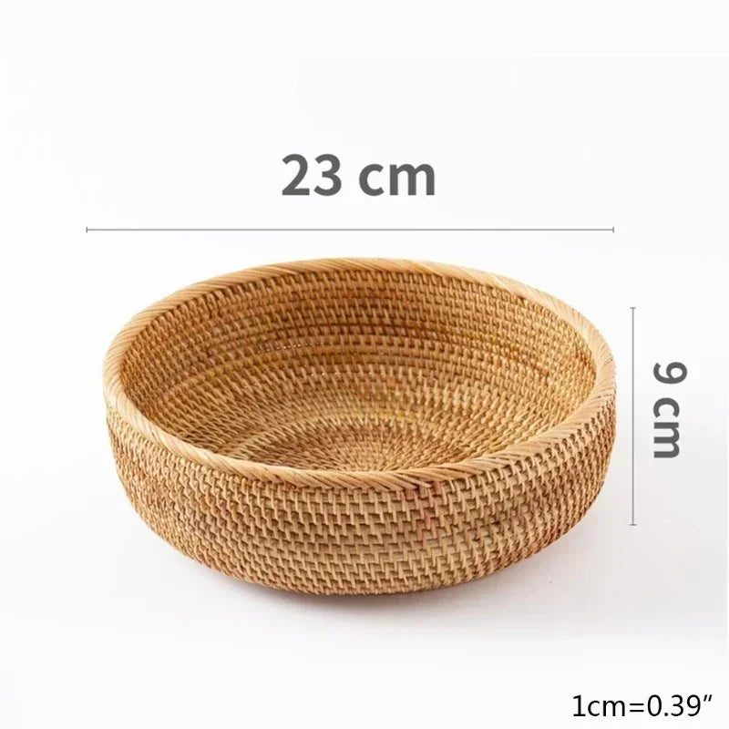 Handwoven Rattan Storage Basket - Wicker Bread Fruit Breakfast Tea Picnic Kitchen Storage Tray
