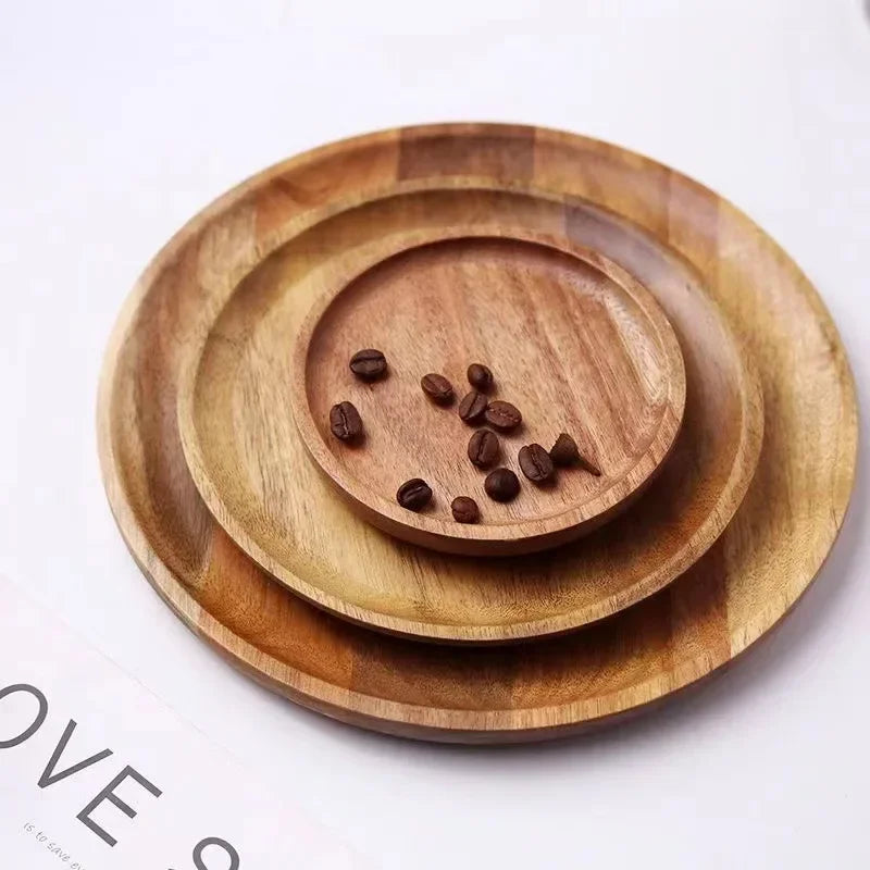 Solid Wood Round Plate - Simple Japanese Style Design Decorative Serving Tray Large Capacity Food Dish