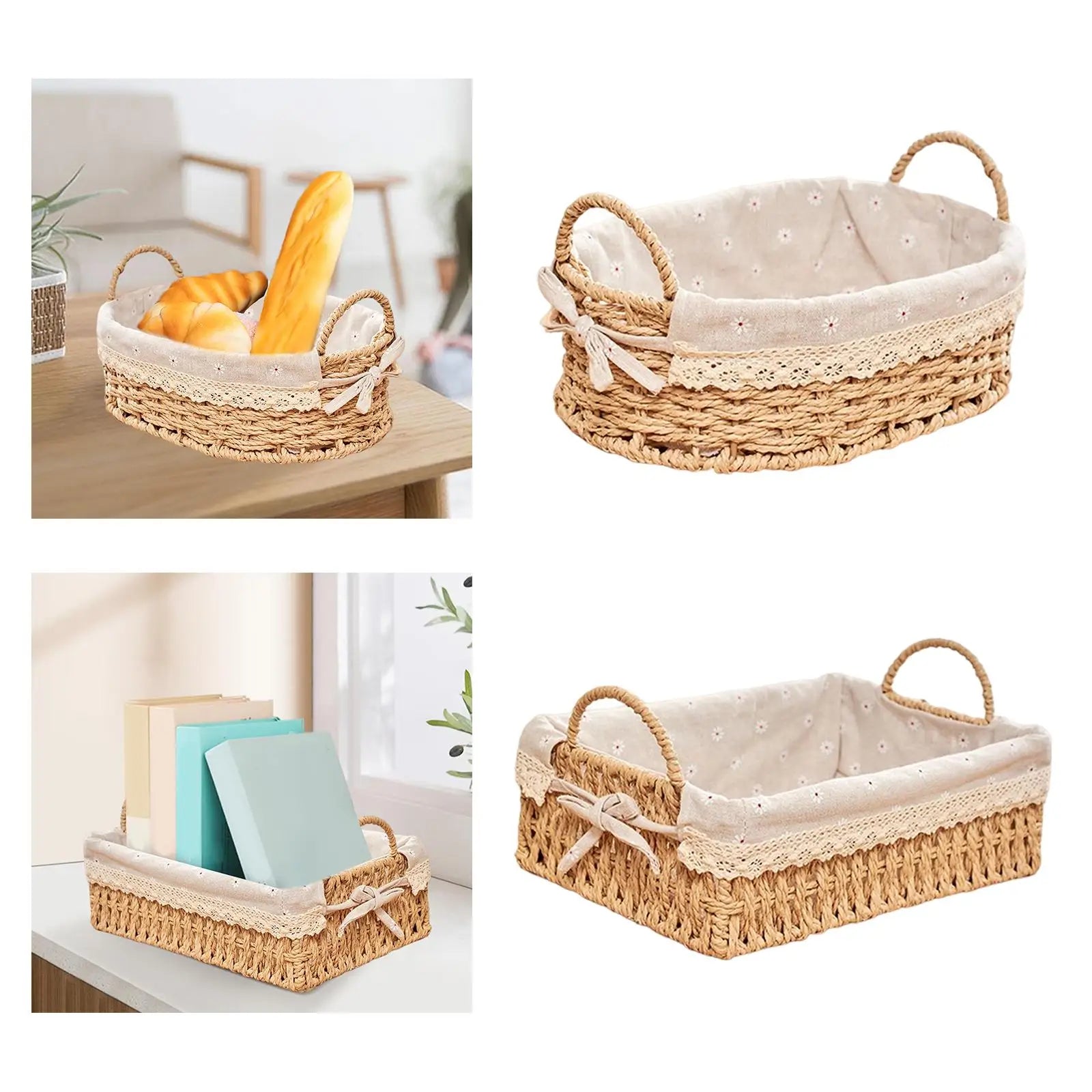 Woven Storage Baskets - Handwoven Kitchen Organizer with Handles for Cosmetics, Fruit & Home Decor