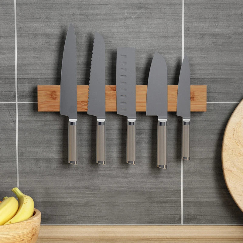 Powerful Magnetic Knife Holder Strip - Wood Bamboo Kitchen Knife Rack Wall Mount Japanese Slicing Magnet Block