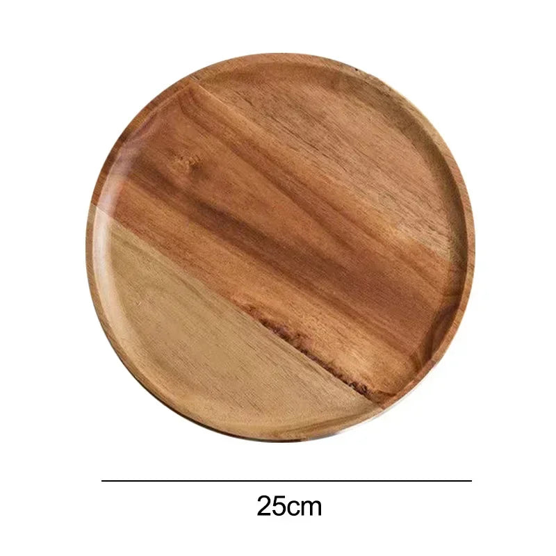 Solid Wood Round Plate - Simple Japanese Style Design Decorative Serving Tray Large Capacity Food Dish