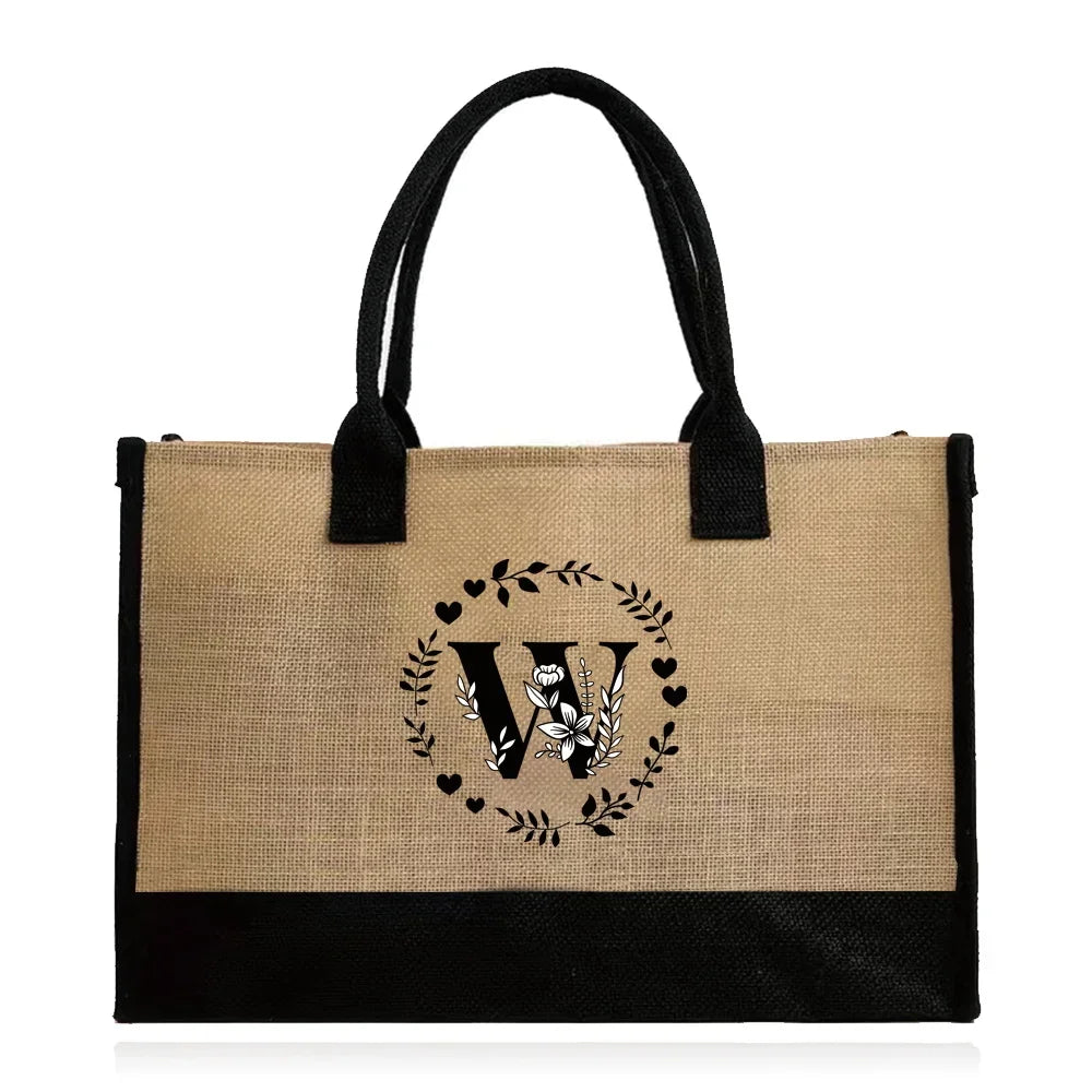 Shopping Bag Burlap Tote Bag - Lightweight Large Capacity Women's Grocery Organizer with Garland Letter Pattern